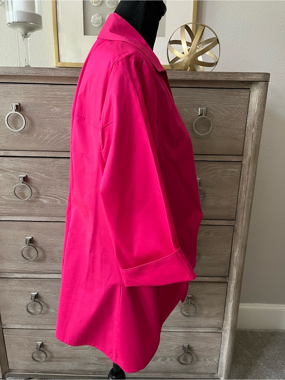 Just My Size 2X Hot Pink Fuscia V Neck Collared Blouse High Low 3/4 Sleeve Ties - Picture 4 of 8